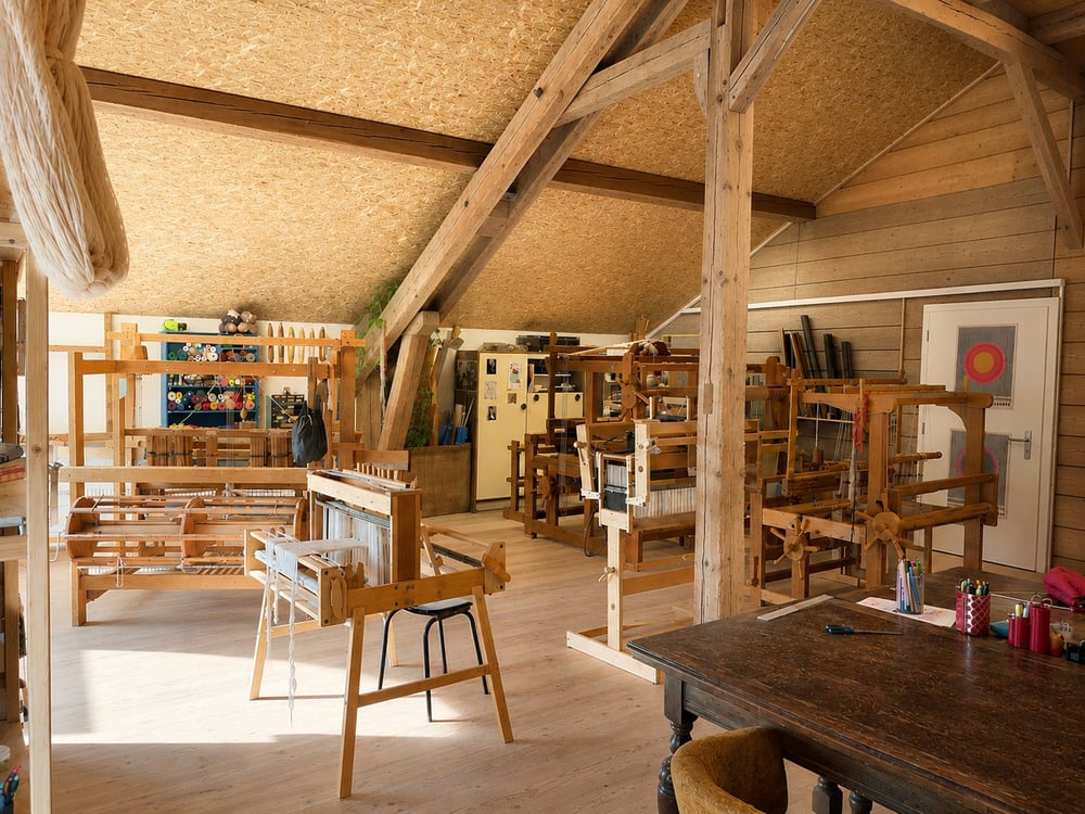 Vue de l’atelier : métiers à tisser en bois alignés sous la charpente, écheveaux de laine suspendus et grande table de travail au premier plan